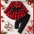Conjunto Navideño de 2 Piezas para Bebé Niña: Blusa de Manga Larga a Cuadros Rojos con Lazo Negro y Pantalón Largo (Ideal para Fiestas y Otoño/Invierno) (6M - 3Y)