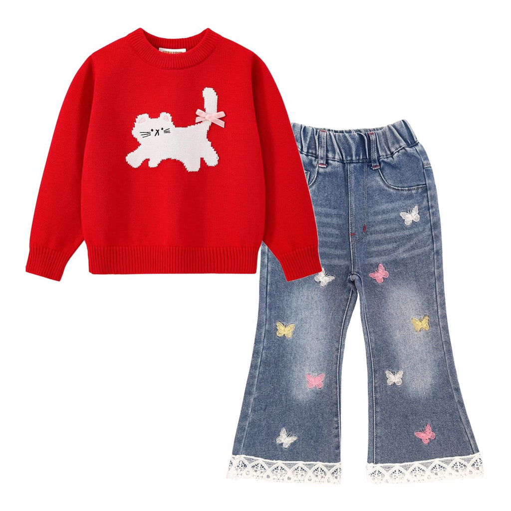 Conjunto 2 Piezas para Niña: Suéter Rojo con Gatito 3D y Jean Acampanado con Mariposas y Encaje