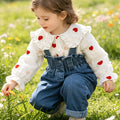 Conjunto de 2 Piezas para Niña: Blusa Blanca de Manga Larga con Estampado de Corazones y Cuello con Volantes con Overol de Mezclilla (9M - 4Y)