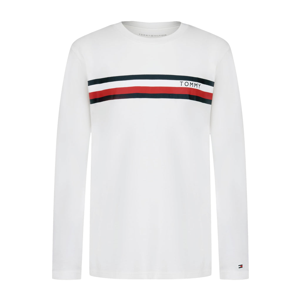 Tommy Hilfiger | Camiseta Niño Manga Larga Global Stripe Tricolor Marino Rojo Logo Puño 100% Algodón Blanco (8-16T)