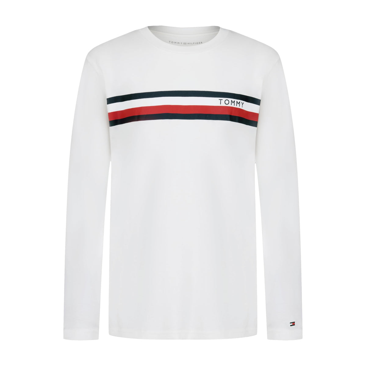 Tommy Hilfiger | Camiseta Niño Manga Larga Global Stripe Tricolor Marino Rojo Logo Puño 100% Algodón Blanco (8-16T)