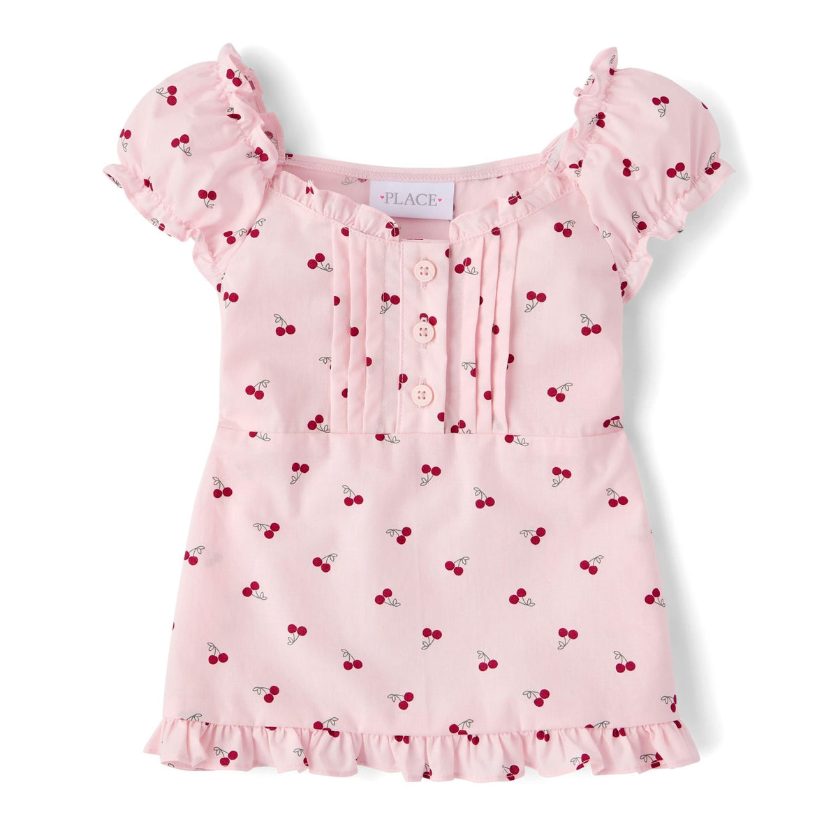 The Children's Place | Top Nina Manga Abullonada | 100% Popelina Algodon | Cuello Escotado con Volante | Pliegues en Corpino | Tapeta Botones Decorativa | Cerezas Rosa Palo (4 - 16T)