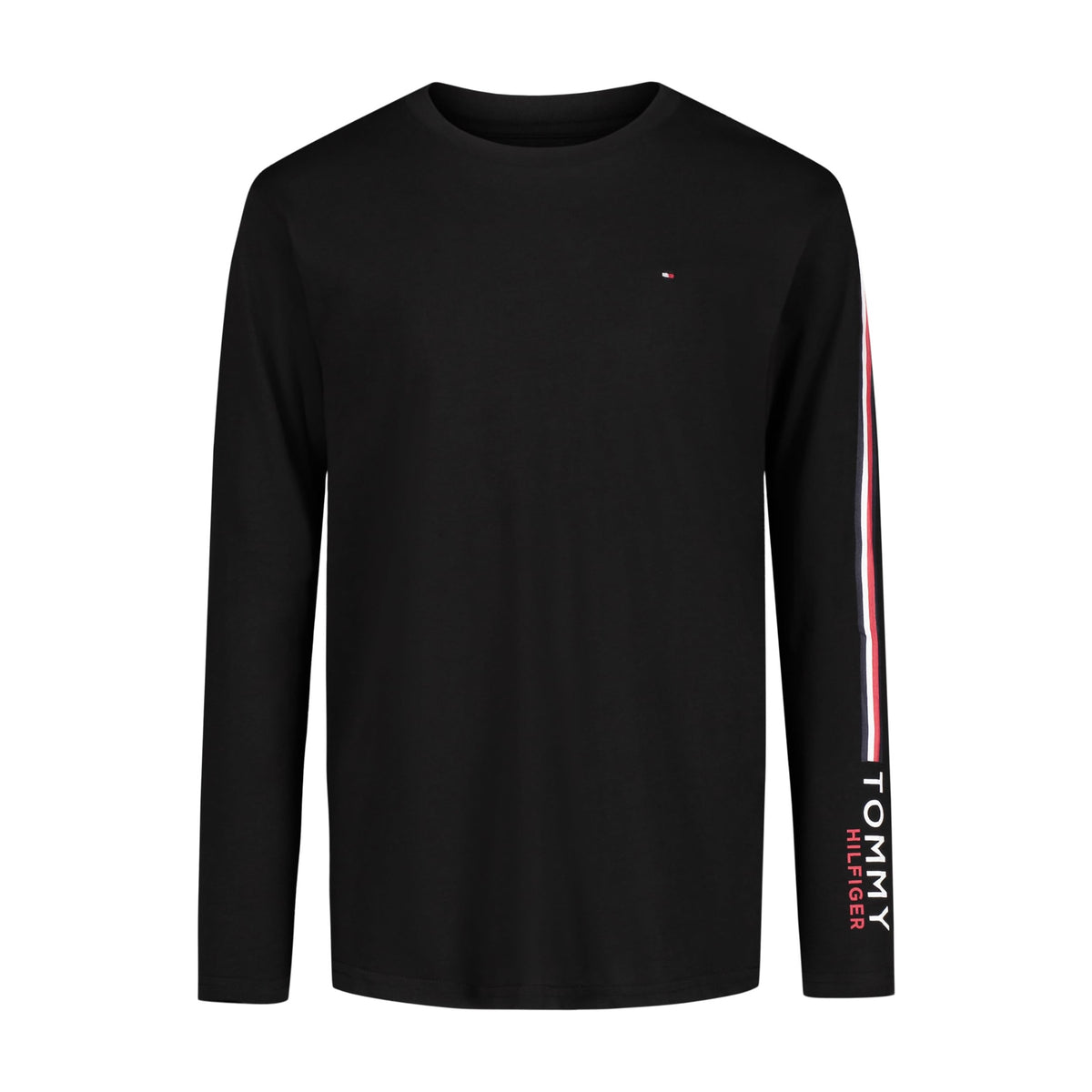 Tommy Hilfiger | Camiseta Niño Manga Larga Global Stripe Vertical en Manga Texto Logo Bandera 100% Algodón Negro (8-16T)