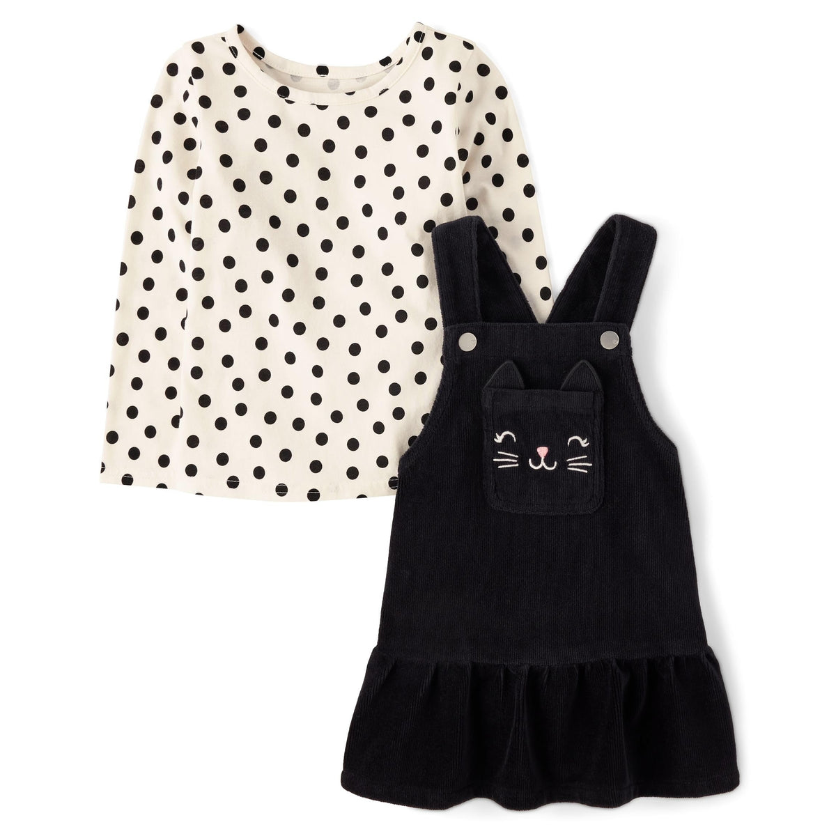 The Children's Place | Conjunto 2 Piezas Top Lunares Manga Larga y Falda Peto Pana Gatito Niña