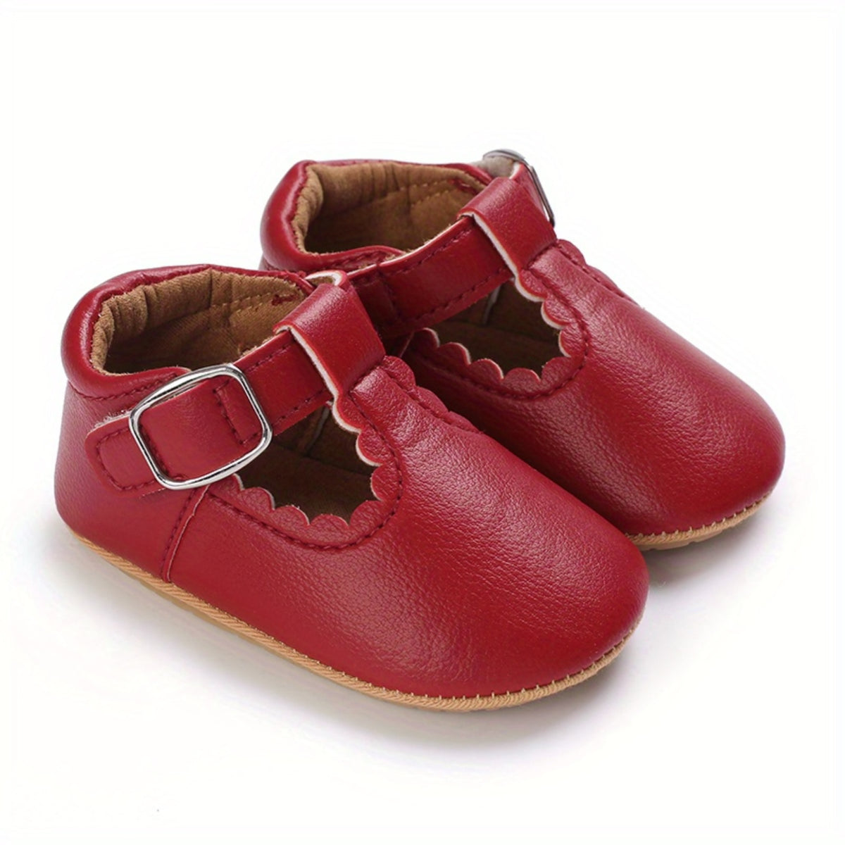 Zapatos Estilo Mary Jane para Bebé Niña en Color Rojo con Suela Blanda Antideslizante (Calzado Ligero de Cuna para Fiestas y Uso Diario) (Talla 19 - 21)