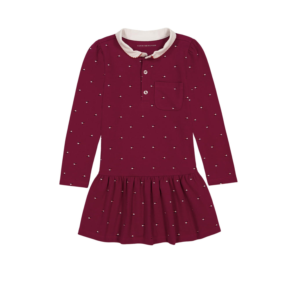 Tommy Hilfiger Vestido Polo Piqué Niña | Rojo Remolacha Estampado Mini Logo TH • Cuello Peter Pan