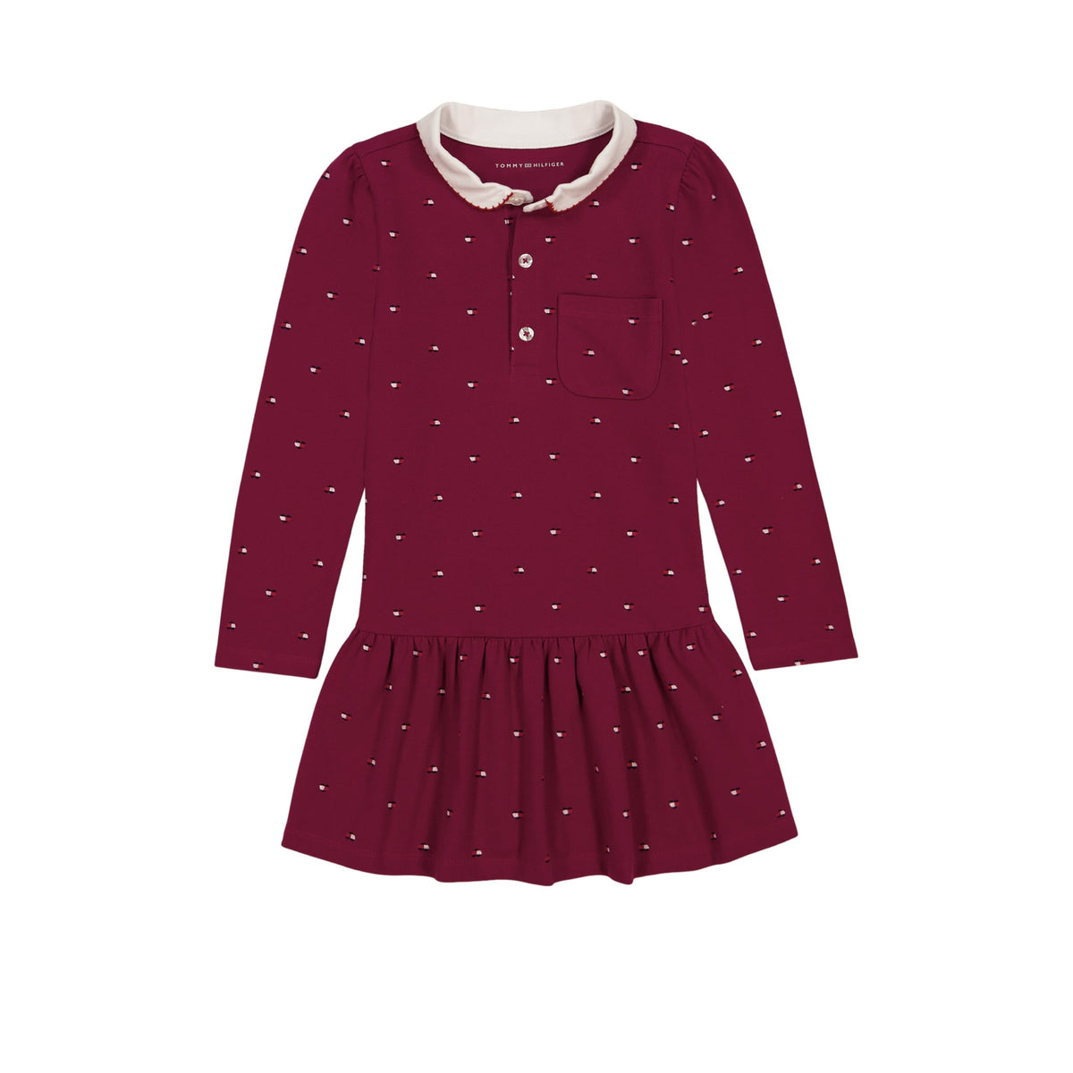 Tommy Hilfiger Vestido Polo Piqué Niña | Rojo Remolacha Estampado Mini Logo TH • Cuello Peter Pan