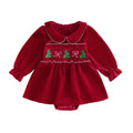 Christmas Velvet Baby | Mameluco Vestido Terciopelo Rojo Bebé Niña + Cuello Peter Pan + Bordado Arbolitos