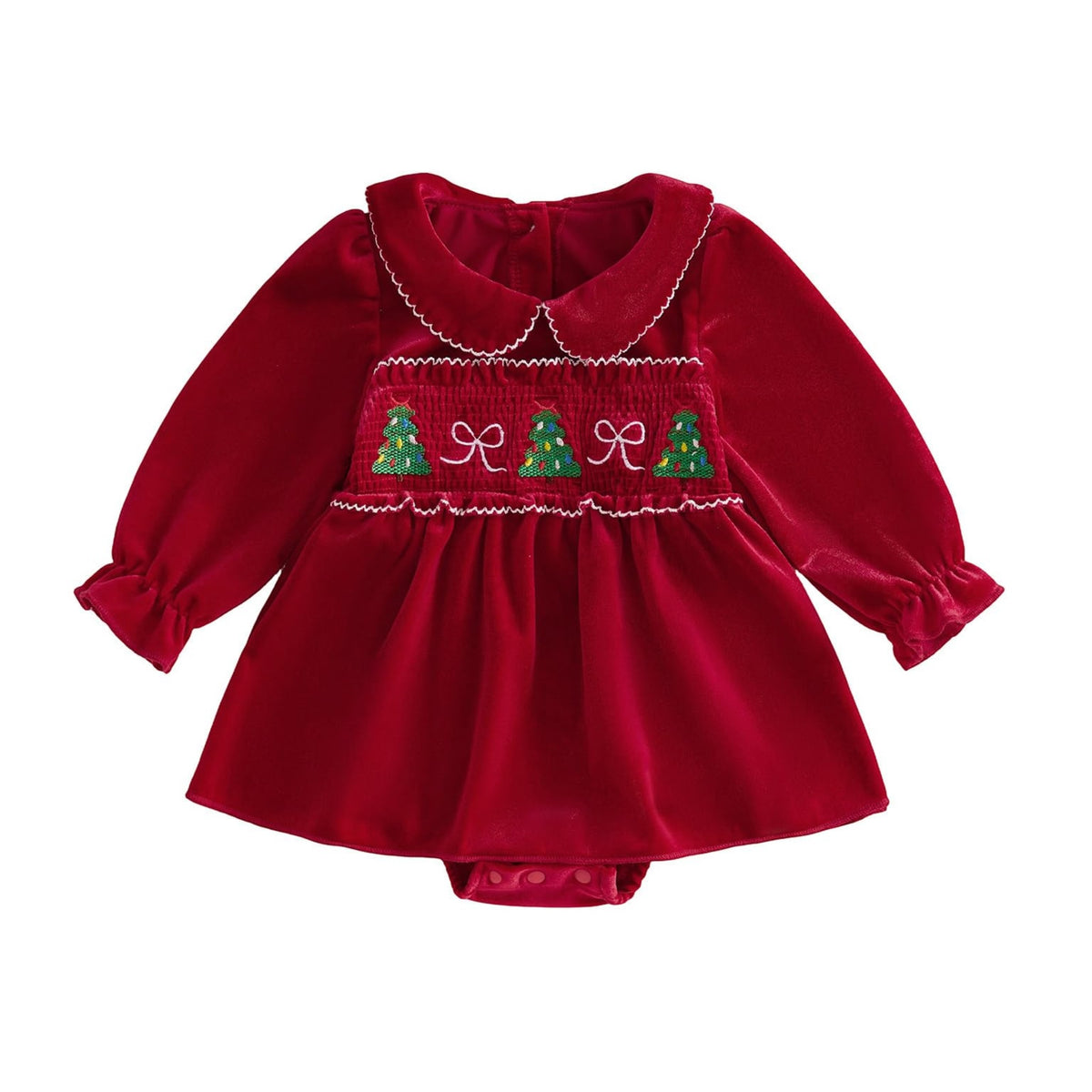Christmas Velvet Baby | Mameluco Vestido Terciopelo Rojo Bebé Niña + Cuello Peter Pan + Bordado Arbolitos