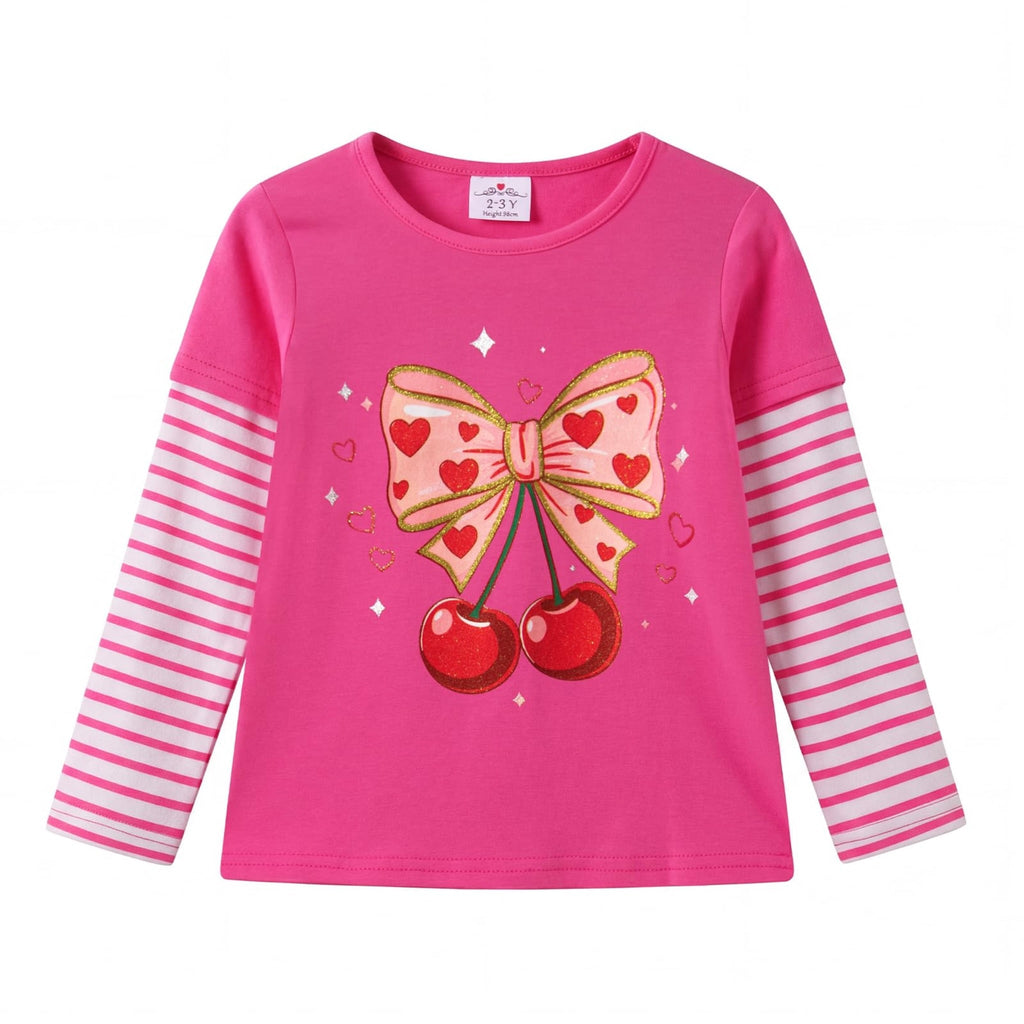 Top de manga larga rosa fucsia con mangas a rayas rosa y blanco y estampado de lazo rosa con corazones y cerezas rojas brillantes para niñas