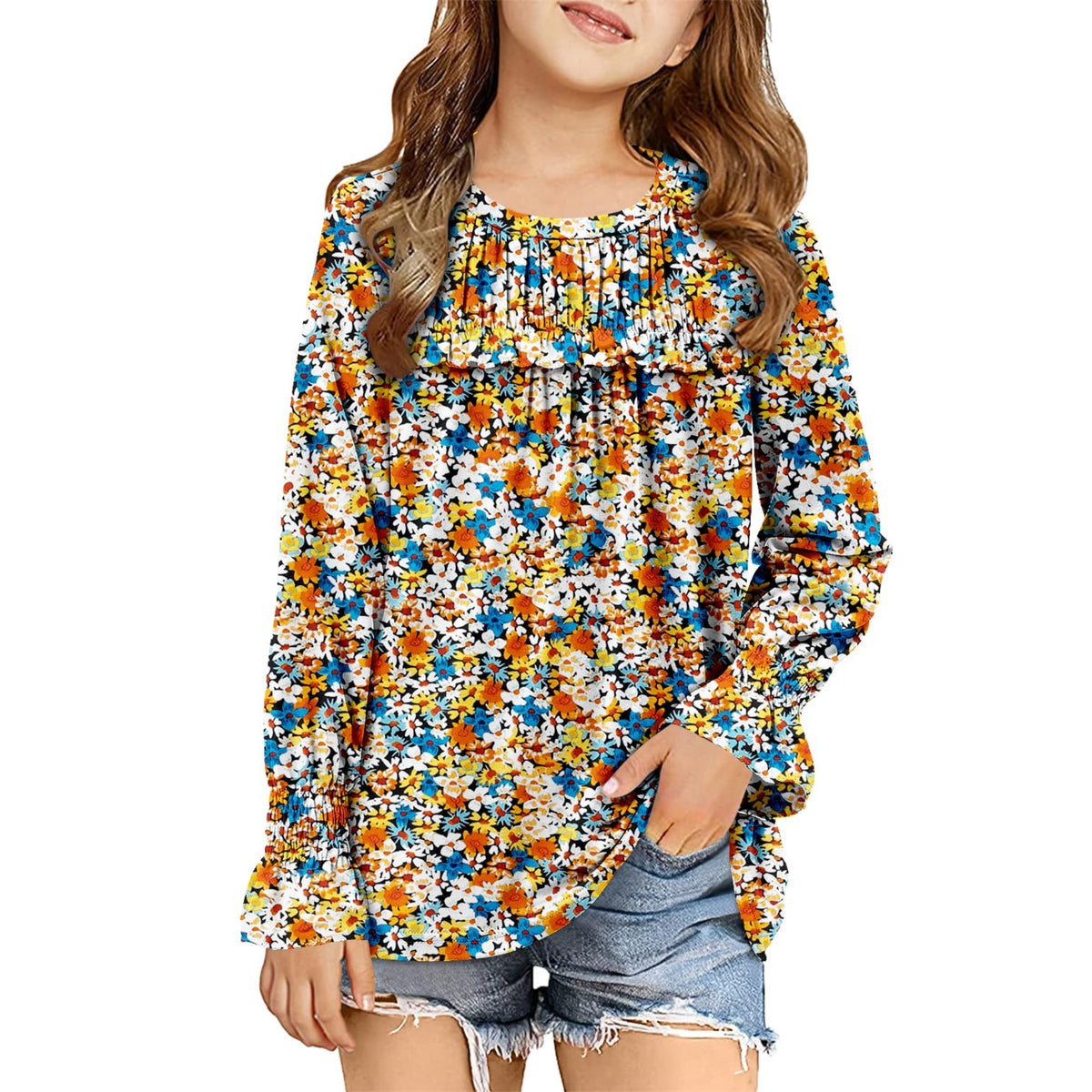 Blusa Nina Manga Larga | 89% Poliester 11% Elastano | Solapa de Volantes en el Pecho | Cuello Redondo | Puno Fruncido | Corte Fluido Loose Fit | Naranja (4 - 13T)