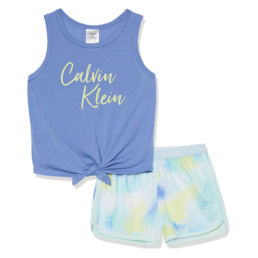 Pijama 2 Piezas Calvin Klein | Tank Periwinkle Logo Script Neón + Short Tie-Dye Acuarela Azul/Lima | Niña Verano (6T - 16T)