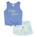Pijama 2 Piezas Calvin Klein | Tank Periwinkle Logo Script Neón + Short Tie-Dye Acuarela Azul/Lima | Niña Verano (6T - 16T)