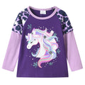 Top de Manga Larga con Unicornio Invernal para Niñas – Morado con Mangas Lila Estampadas, Algodón (2-12 Años )
