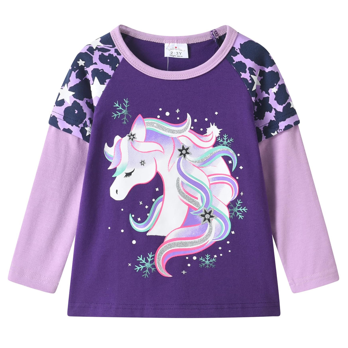 Top de Manga Larga con Unicornio Invernal para Niñas – Morado con Mangas Lila Estampadas, Algodón (2-12 Años )