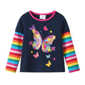 Top de Manga Larga con Mariposa Multicolor para Niñas – Azul Marino con Rayas Arcoíris, Algodón (2-12 Años)