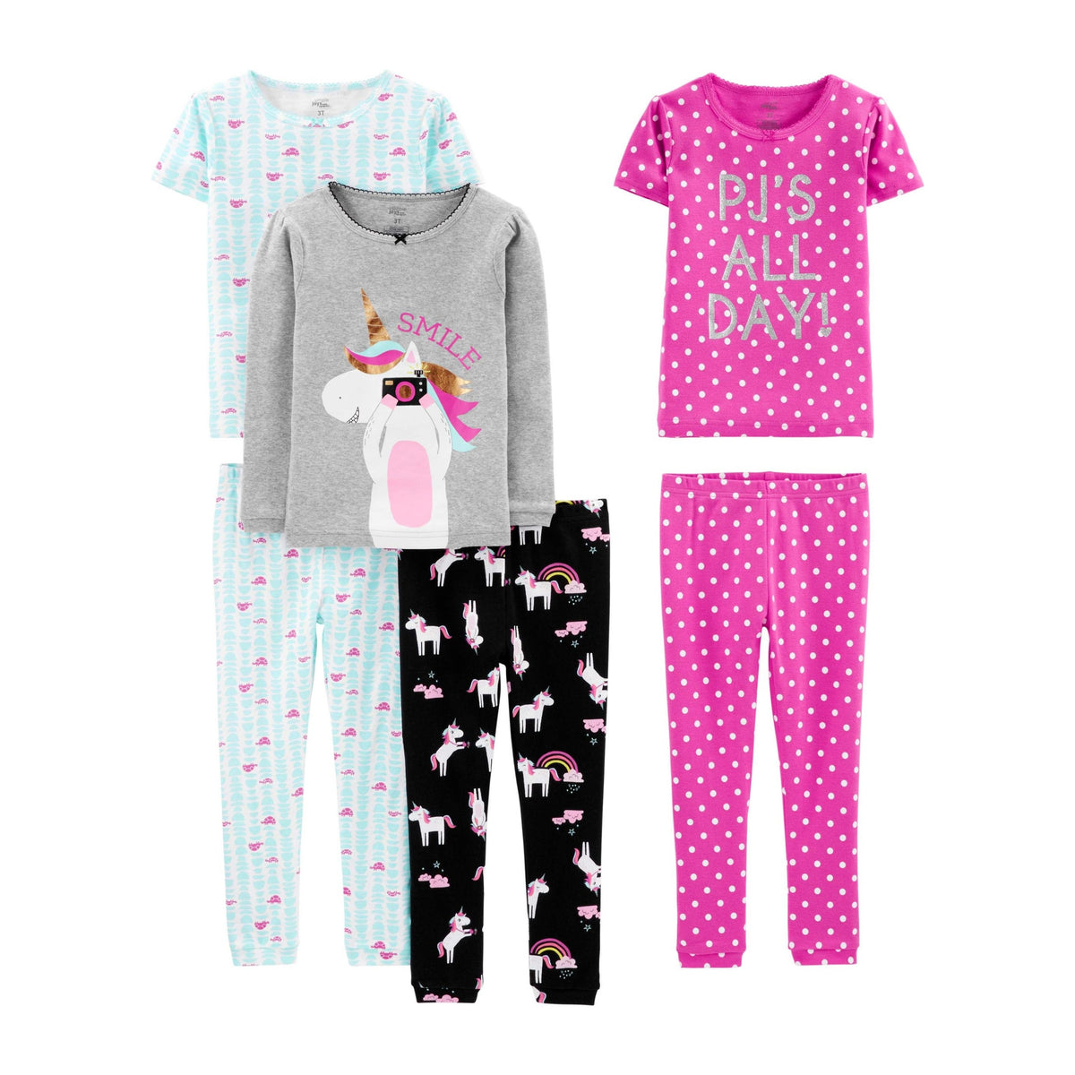 Set Pijama 6 Piezas Simple Joys by Carter's | 3 Conjuntos 100% Algodón + Unicornio + Lunares + OEKO-TEX | Niña (2T - 8T)