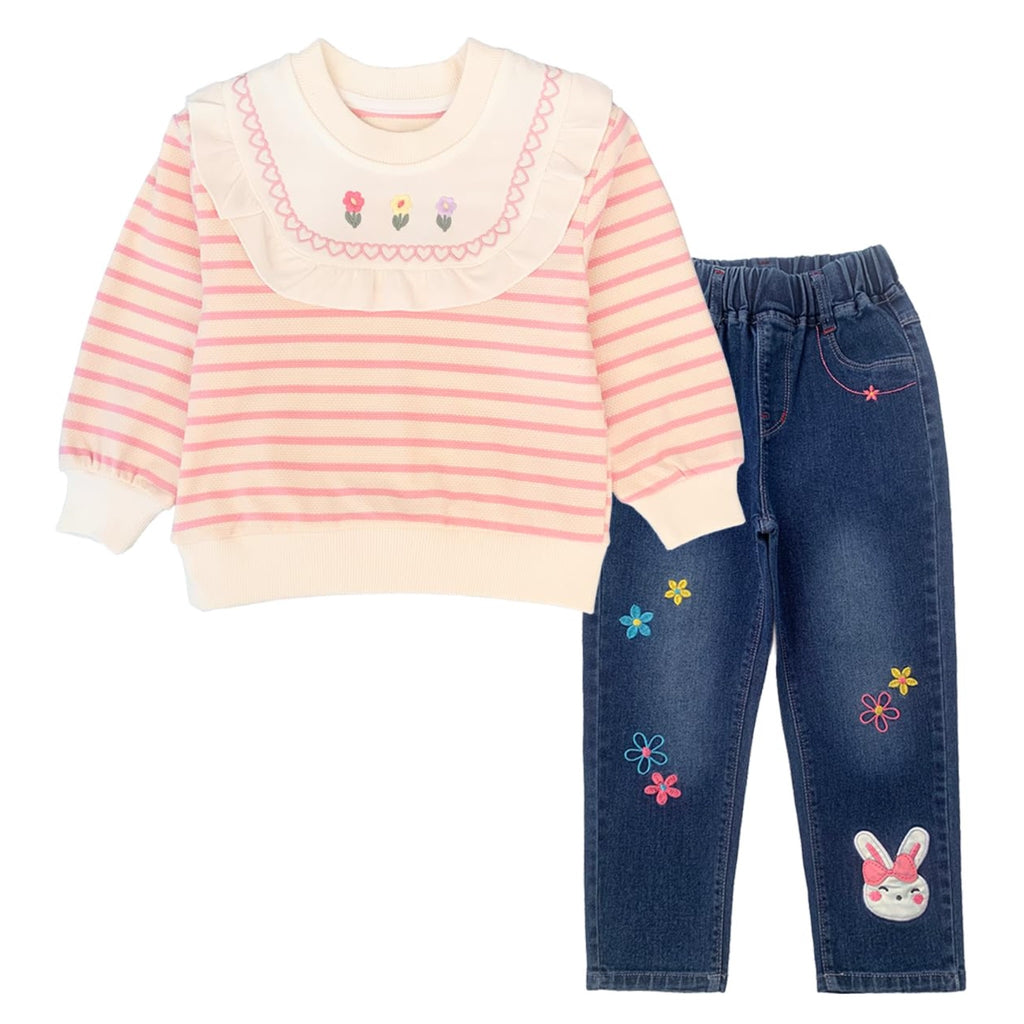 Conjunto 2 Piezas para Niña: Sudadera Rayas Rosa con Babero Decorativo Encaje y Flores Bordadas y Jeans con Conejita y Flores