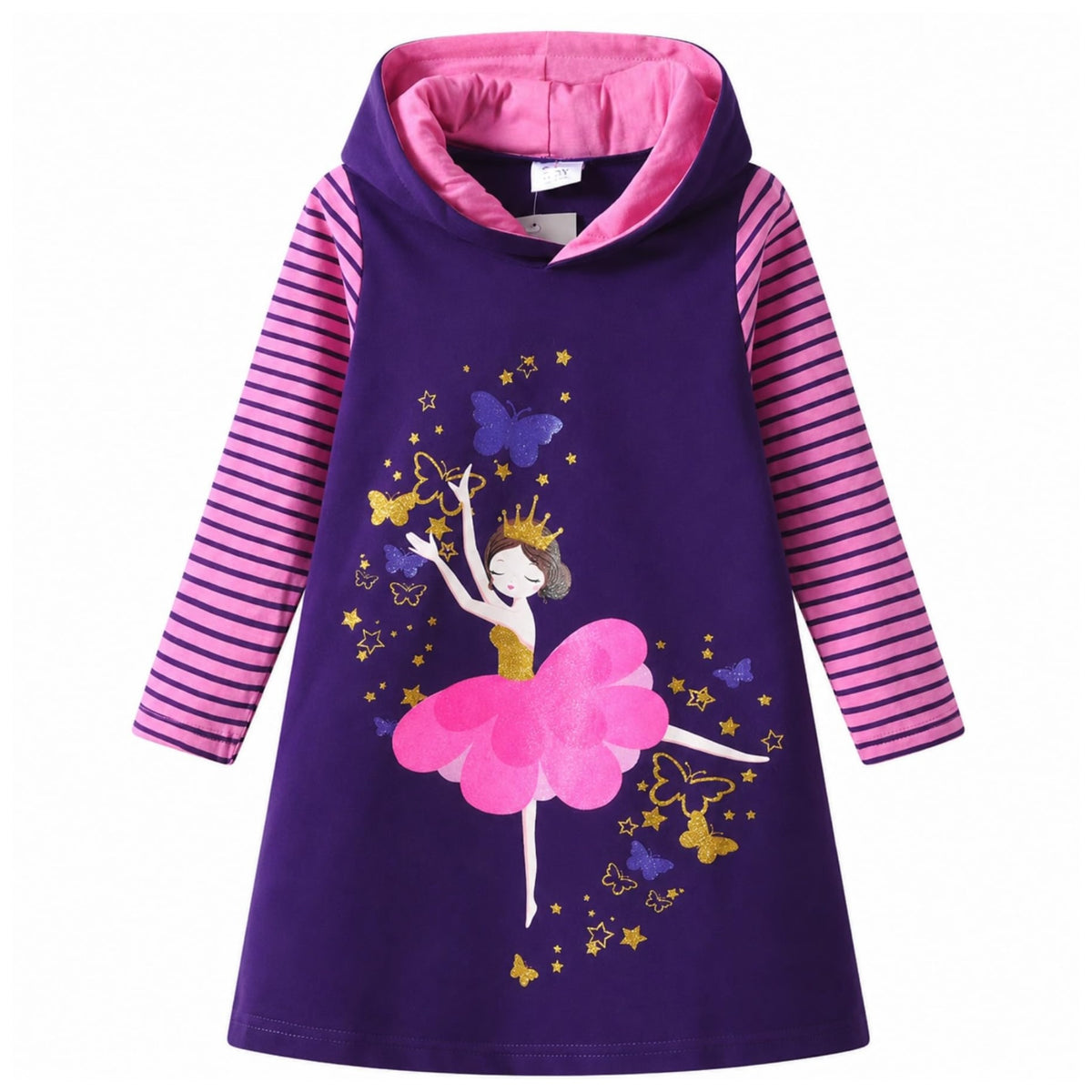 Vestido Hoodie de Bailarina para Niñas – Manga Larga Morado a Rayas Rosa, Algodón (3 - 12T)