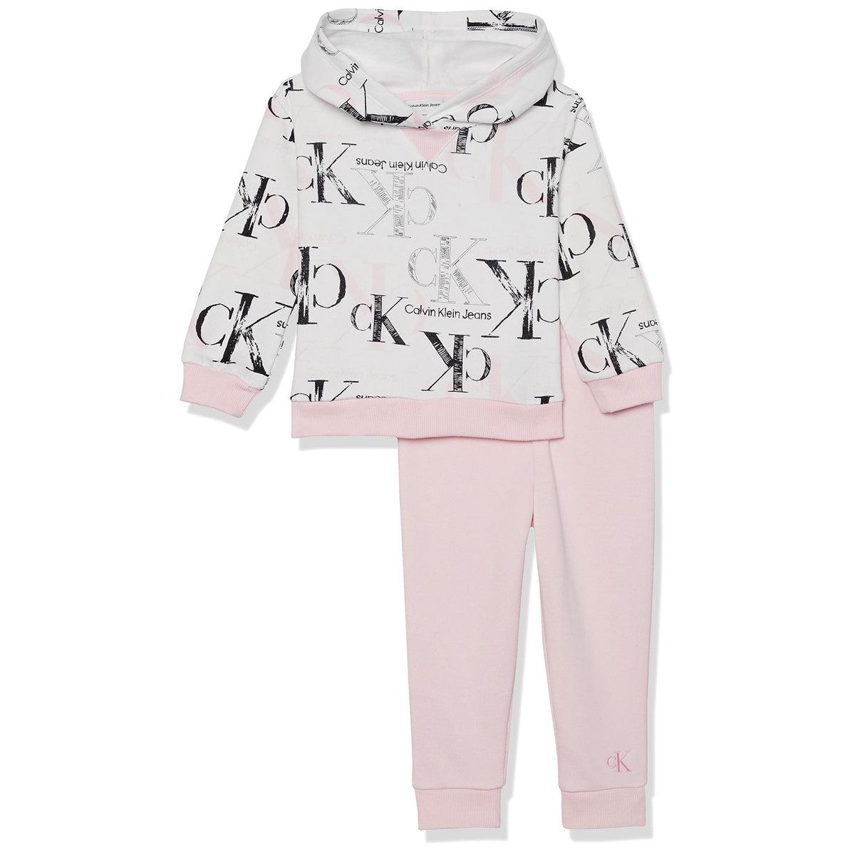Calvin Klein Conjunto 2 Piezas Niña | Hoodie Estampado Logo CK Blanco + Jogger Rosa Bebé — 60% Algodón 40% Poliéster • CK Jeans