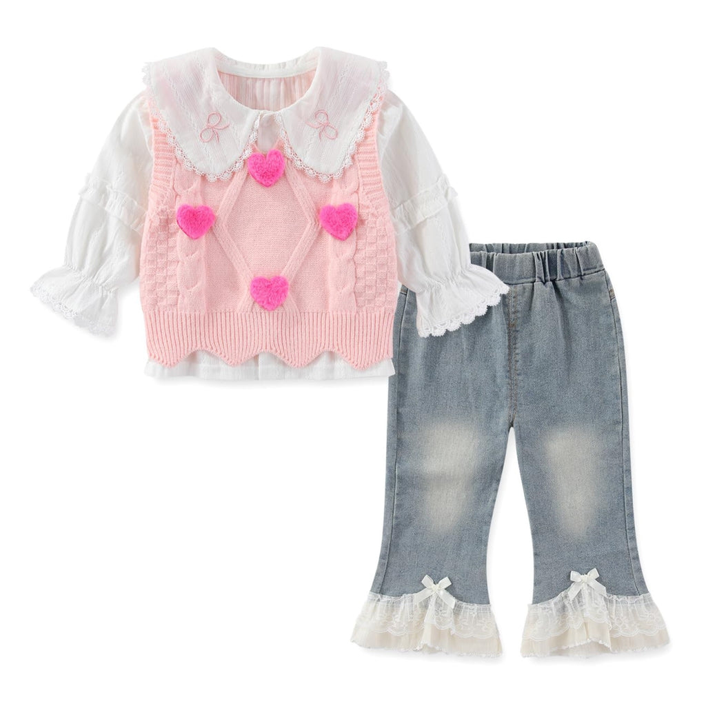 Conjunto 3 Piezas para Niña: Blusa Encaje + Chaleco Rosa Corazones Pompón Fuchsia + Jeans Flare con Encaje