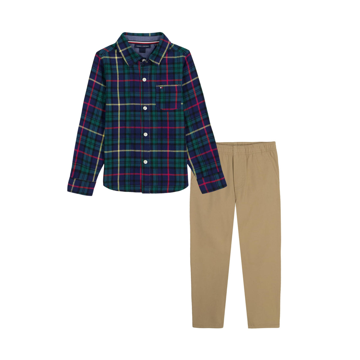Conjunto 2 Piezas Tommy Hilfiger | Camisa Tartan Navy Verde Rojo Forro Chambray + Chino Microgamuza Beige | Niño (12M - 7T)