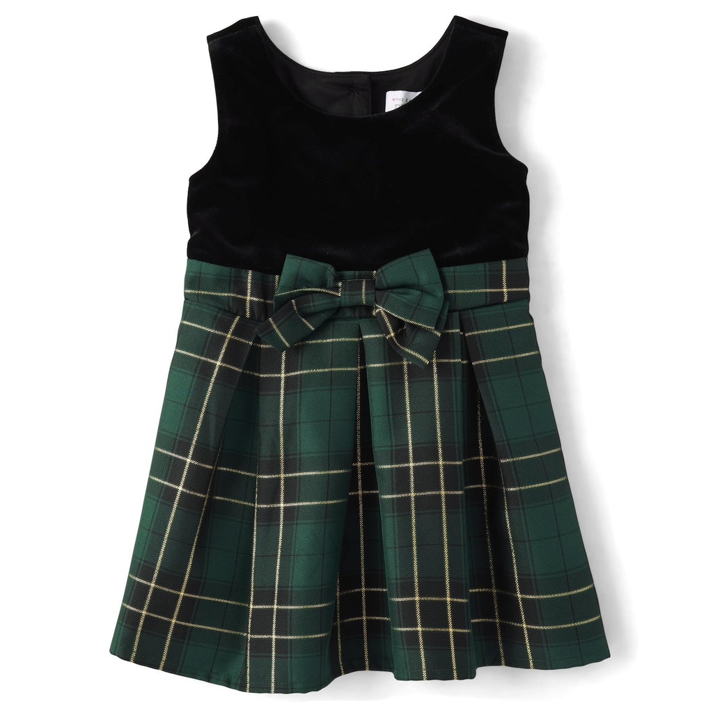 The Children's Place | Vestido Elegante Terciopelo Negro y Cuadros Escoceses Verde Niña