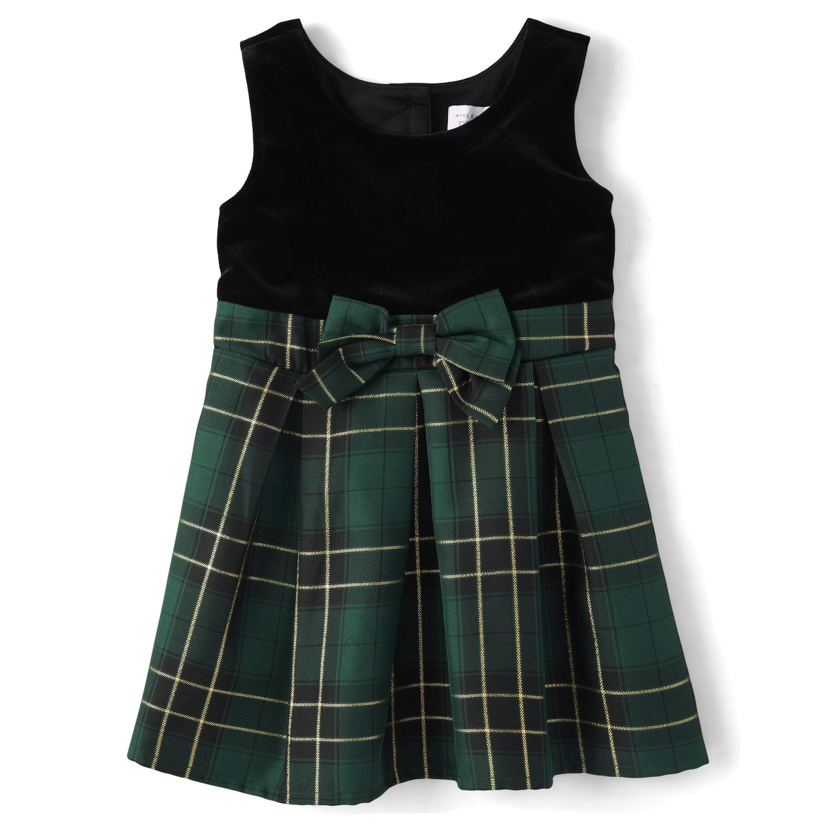 The Children's Place | Vestido Elegante Terciopelo Negro y Cuadros Escoceses Verde Niña
