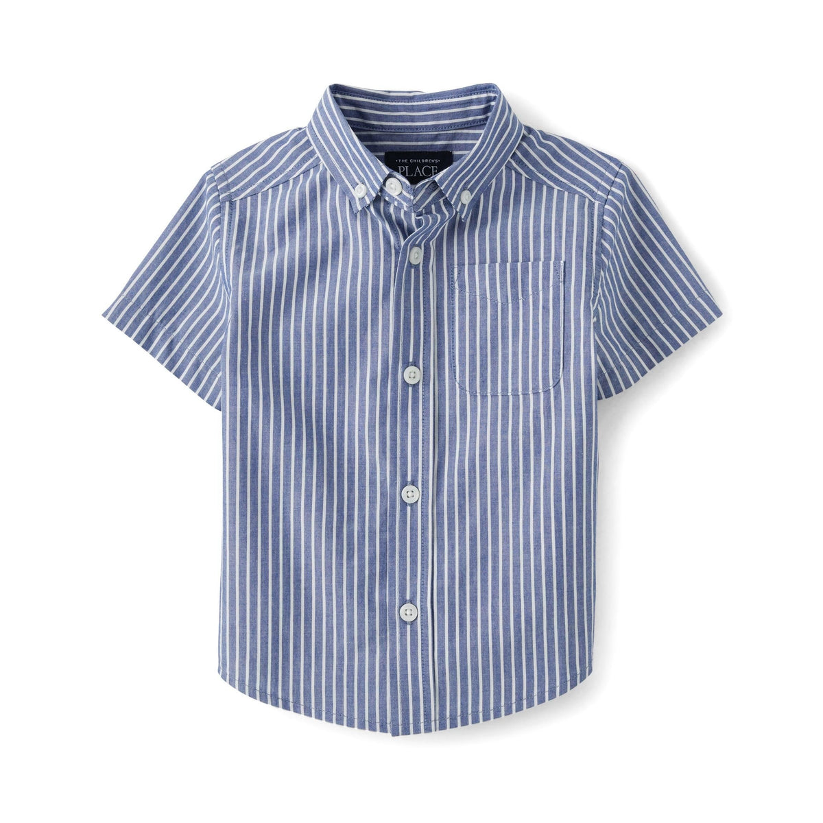 The Children's Place | Camisa Popelín Manga Corta Rayas Verticales Azul Blanco Bebé Niño  (6M - 5T)