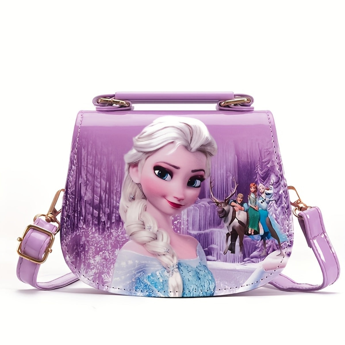 Mini Bolso Bandolera y de Hombro Morado con Diseño de Princesa Animada y Efecto Charol (Ideal para Regalos y Ocasiones Especiales)