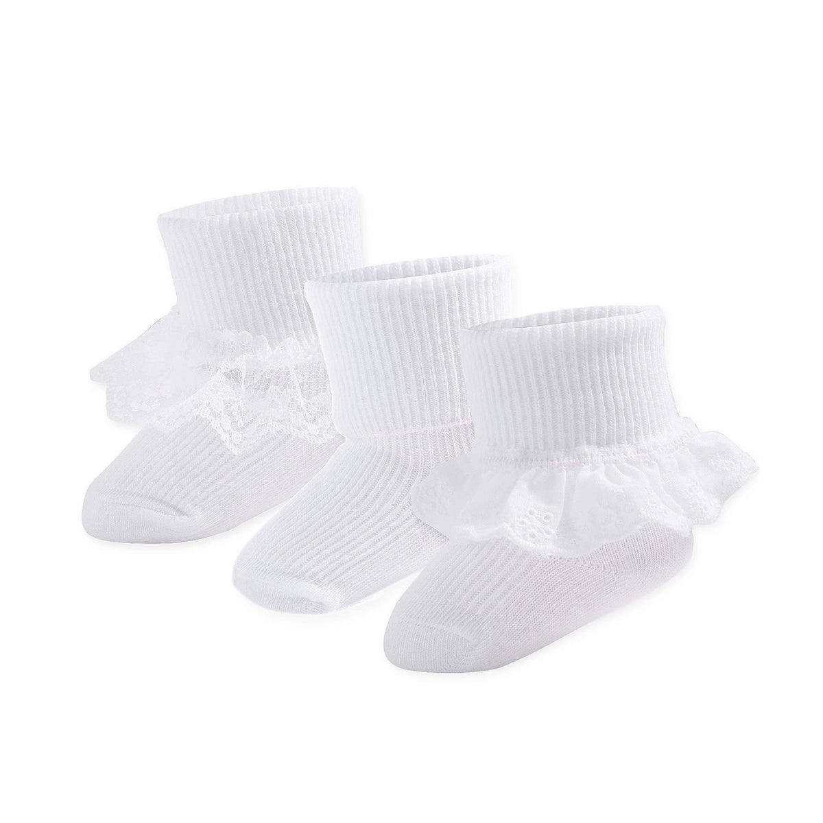 Calcetines Bebé Niña Pack 3 Algodón Puño Canalé Alto Volante Tul Blanco Bautizo Ocasión