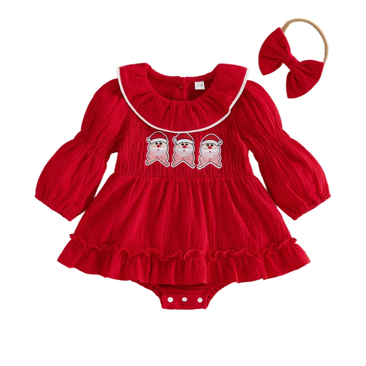 Santa Smocked Romper Rojo | Mameluco Vestido Rojo Bebé Niña — Cuello Muñeca + Mangas Abombadas + Papa Noel Bordado + Diadema