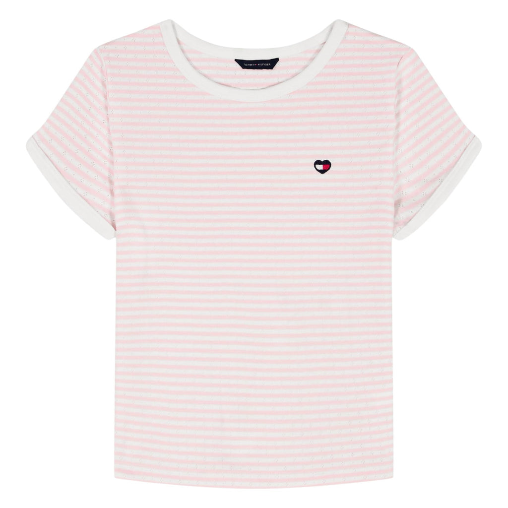 Tommy Hilfiger | Camiseta Nina Manga Corta | Rayas Rosa Palo + Blanco | Cuello Contrastante Blanco | Logo Bandera TH Corazon Bordado | Manga Enrollada | Corte Relaxed  (Solo 8-10T)