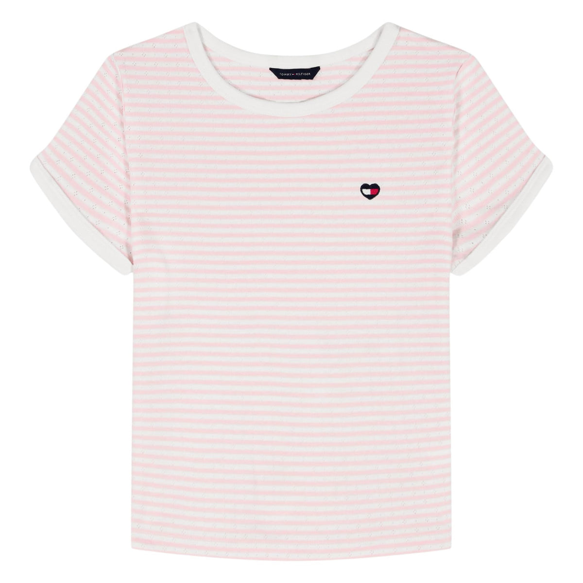 Tommy Hilfiger | Camiseta Nina Manga Corta | Rayas Rosa Palo + Blanco | Cuello Contrastante Blanco | Logo Bandera TH Corazon Bordado | Manga Enrollada | Corte Relaxed  (Solo 8-10T)