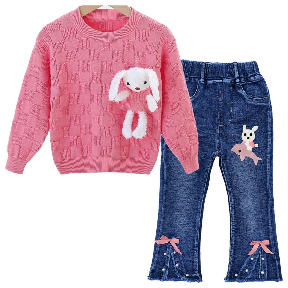 Conjunto 2 Piezas para Niña: Suéter con Conejito 3D y Jean Acampanado con Lazos y Perlas