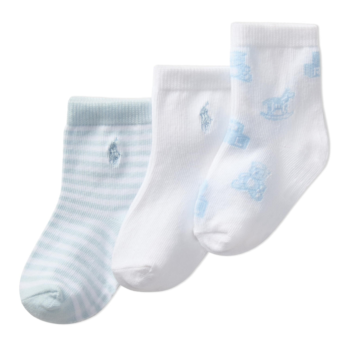 Polo Ralph Lauren | Calcetines Bebé Niño Pack 3 Algodón Orgánico Pony Bordado Stay-Up Osos Azules Rayas Azul Cielo 0-24 Meses