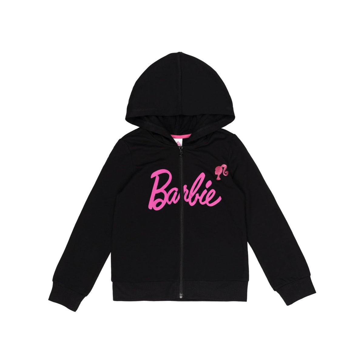 Sudadera con Capucha y Cremallera Barbie Oficial | Negro + Logo Fucsia + 60% Algodón | Niña Minimalista (2T - 16T)