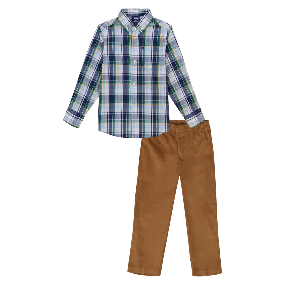 Conjunto Formal 2 Piezas IZOD | Camisa Cuadros Azul Navy Verde Button-Down + Pantalón Pull-Up Camel | Niño (Solo 5T)