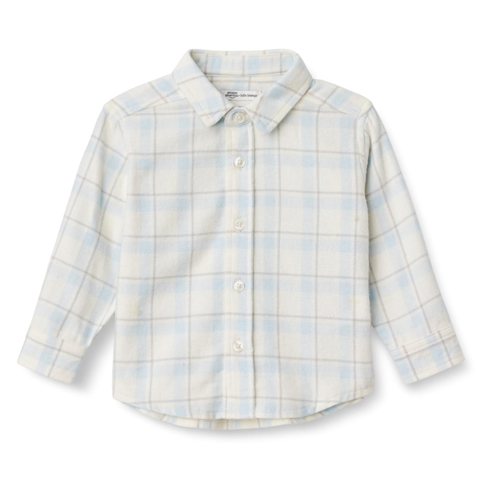 Amazon Essentials x Sofia Grainge Camisa Franela Niño | Cuadros Azul Cielo/Crema • Suave • 100% Algodón
