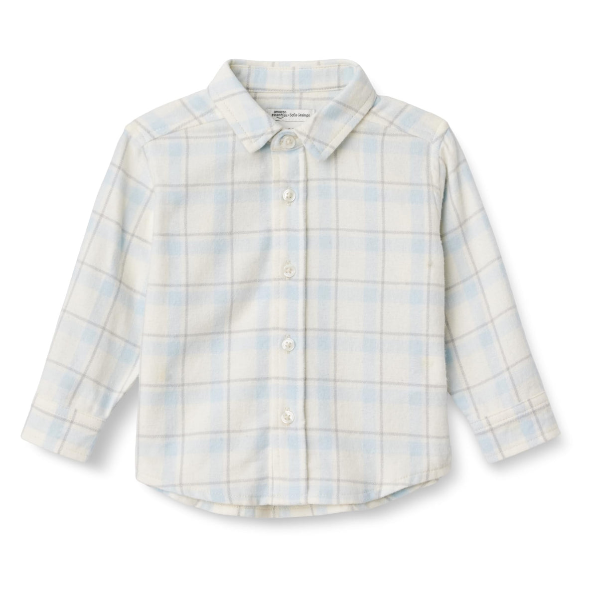 Amazon Essentials x Sofia Grainge Camisa Franela Niño | Cuadros Azul Cielo/Crema • Suave • 100% Algodón