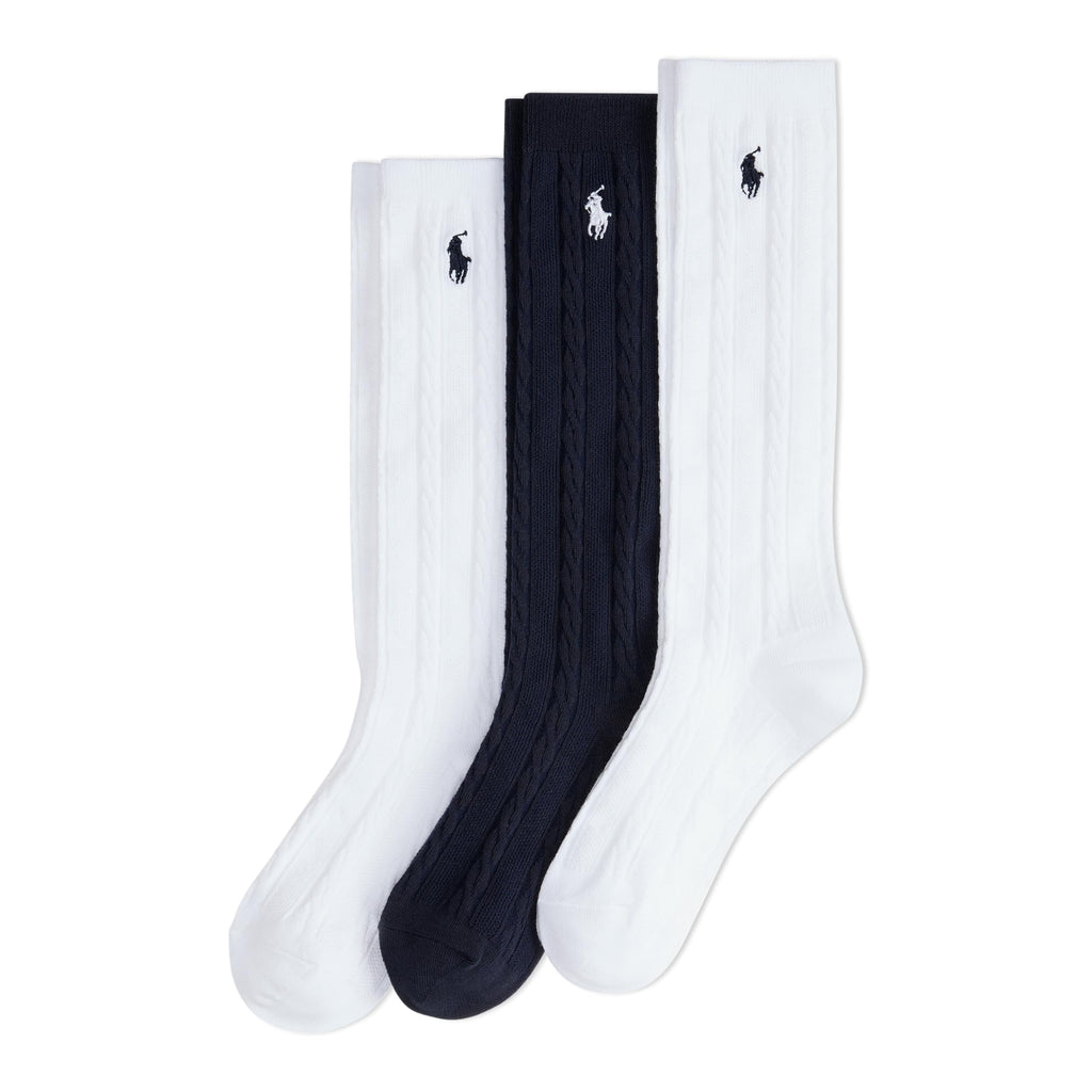 Polo Ralph Lauren | Calcetines Niño Unisex Pack 3 Pares Over-The-Calf Acanalado Algodón Poni Bordado Blanco Negro (Talla 4T - 20T))