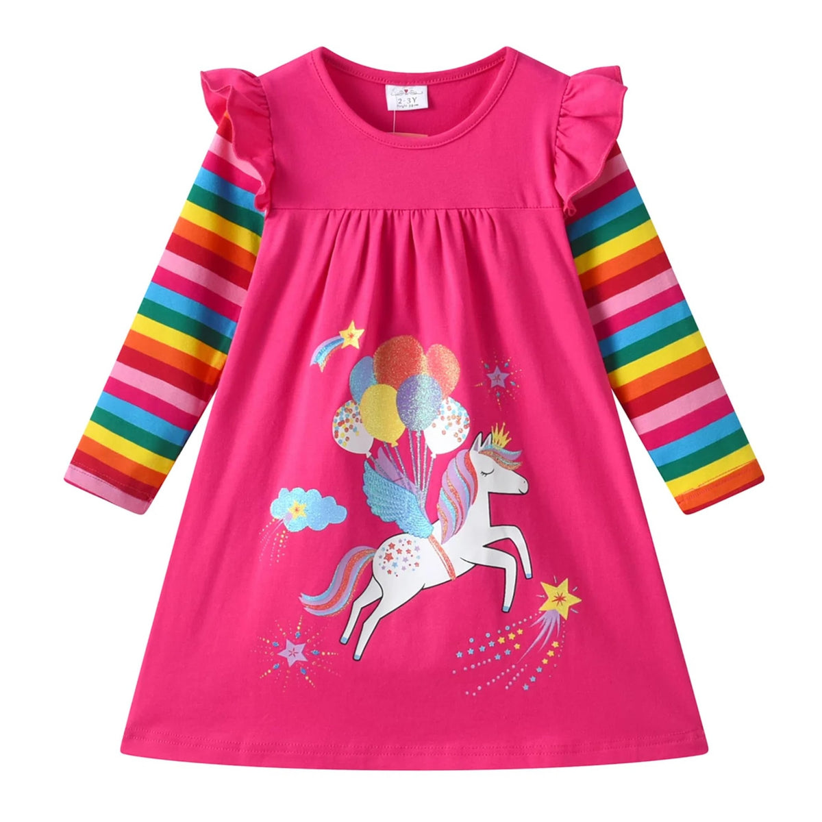 Vestido Niña Algodón + Unicornio Volando Globos Glitter + Alas Azules + Estrellas | Fucsia/Arcoíris Flutter (3T, 7T, y 8T)