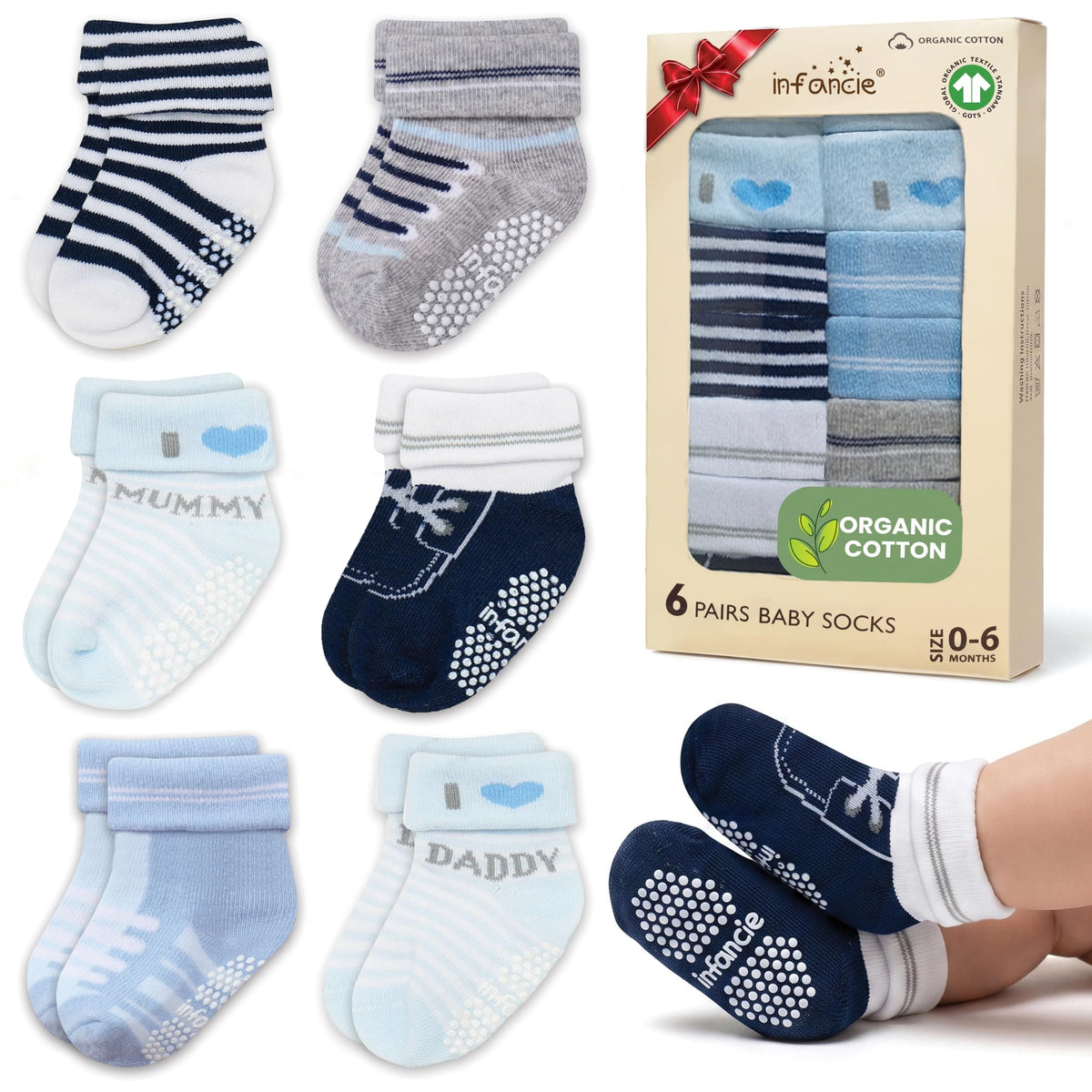 infancie | Calcetines Bebé Niño Pack 6 Algodón Orgánico GOTS Antideslizante Estampados Azul Gris 0-6 Meses
