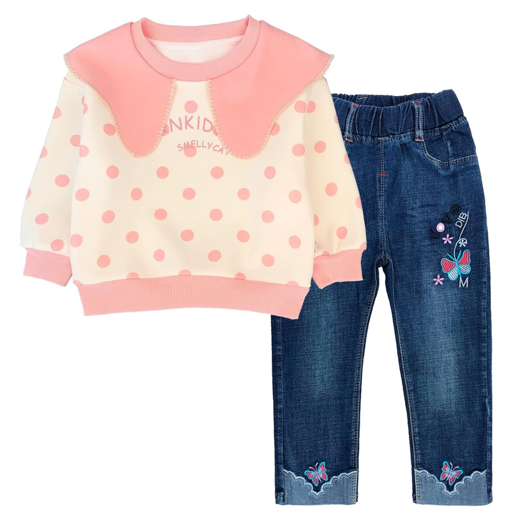 Conjunto 2 Piezas para Niña: Sudadera Lunares Rosa con Cuello Peter Pan y Jeans con Mariposas Bordadas