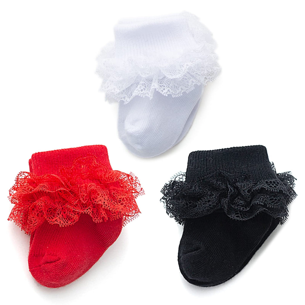 hakugoo | Calcetines Bebé Niña Pack 5 Triple Encaje Volantes Puño Vuelto Negro Blanco Rojo Rosa Crema