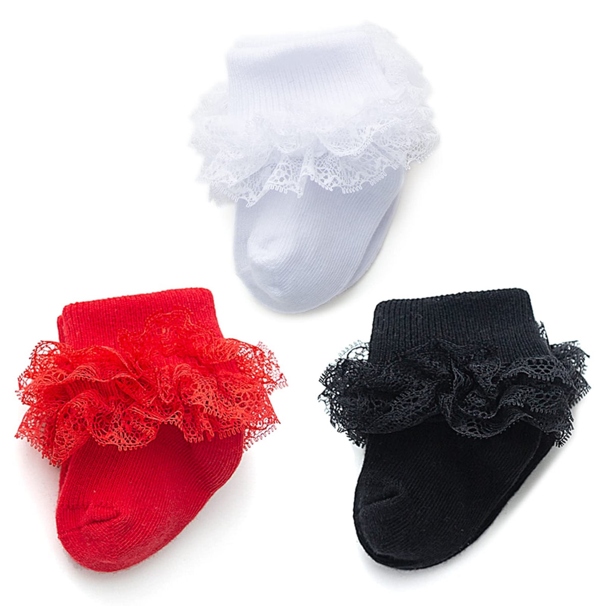 hakugoo | Calcetines Bebé Niña Pack 5 Triple Encaje Volantes Puño Vuelto Negro Blanco Rojo Rosa Crema