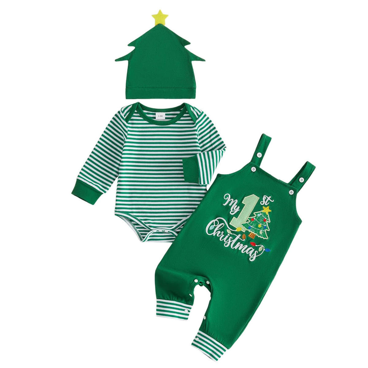 My 1st Christmas Arbolito | Conjunto Bebé Niño Mameluco Rayas Verde + Peto + Gorro Arbolito