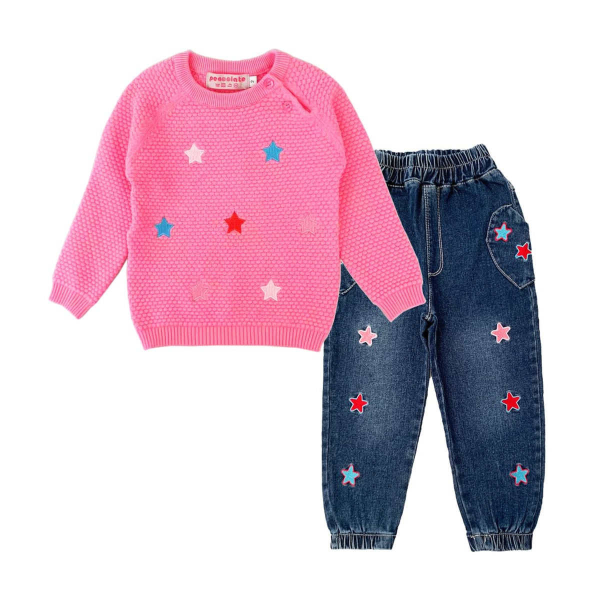 Conjunto 2 Piezas para Niña: Suéter Rosa con Estrellas Bordadas y Jeans Jogger con Estrellas