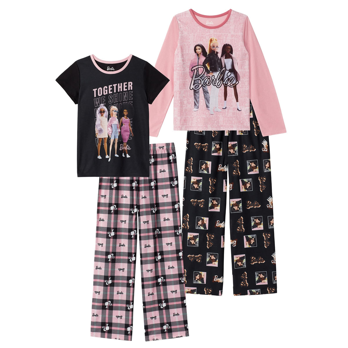 Set Pijama 4 Piezas Barbie Oficial Together We Shine | 2 Camisas + 2 Pantalones + 100% Poliéster | Niña Negro Rosa (4T - 10T)