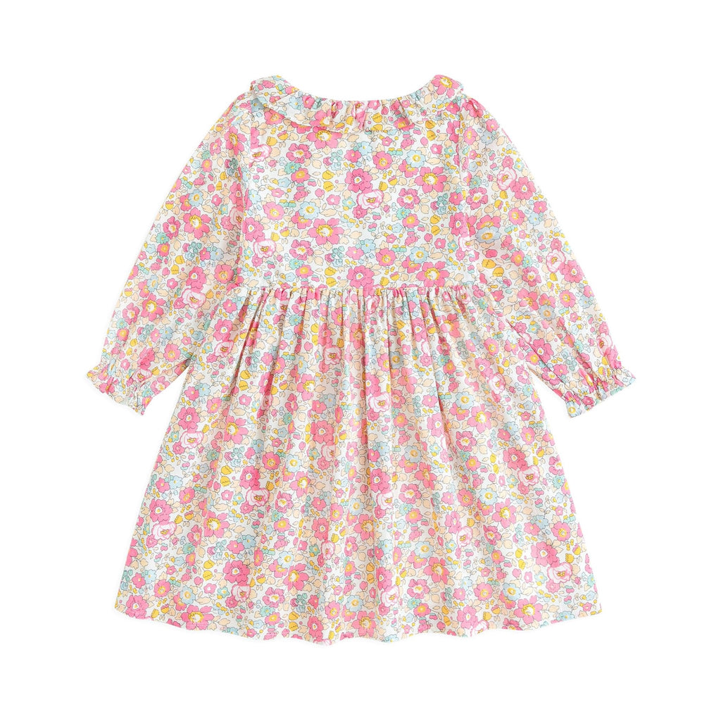 Vestido de Manga Larga 100% Algodón con Cuello con Volantes y Estampado Floral Rosa Brillante para Niña (K-rosado) (12M - 3T)